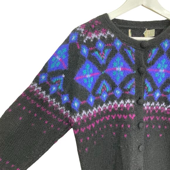 Vintage L.L. Bean Women's Size S Black Mohair-Nylon Fair Isle Cardigan Sweater - Picture 3 of 10